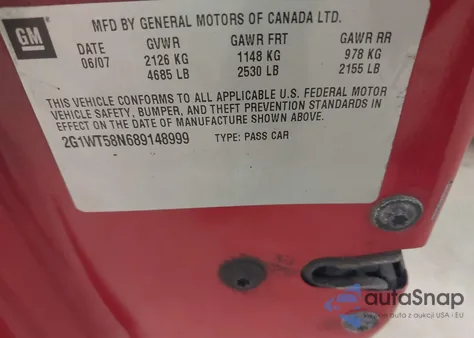 2008 Chevrolet Impala Lt из США, поврежденный, VIN 2G1WT58N689148999